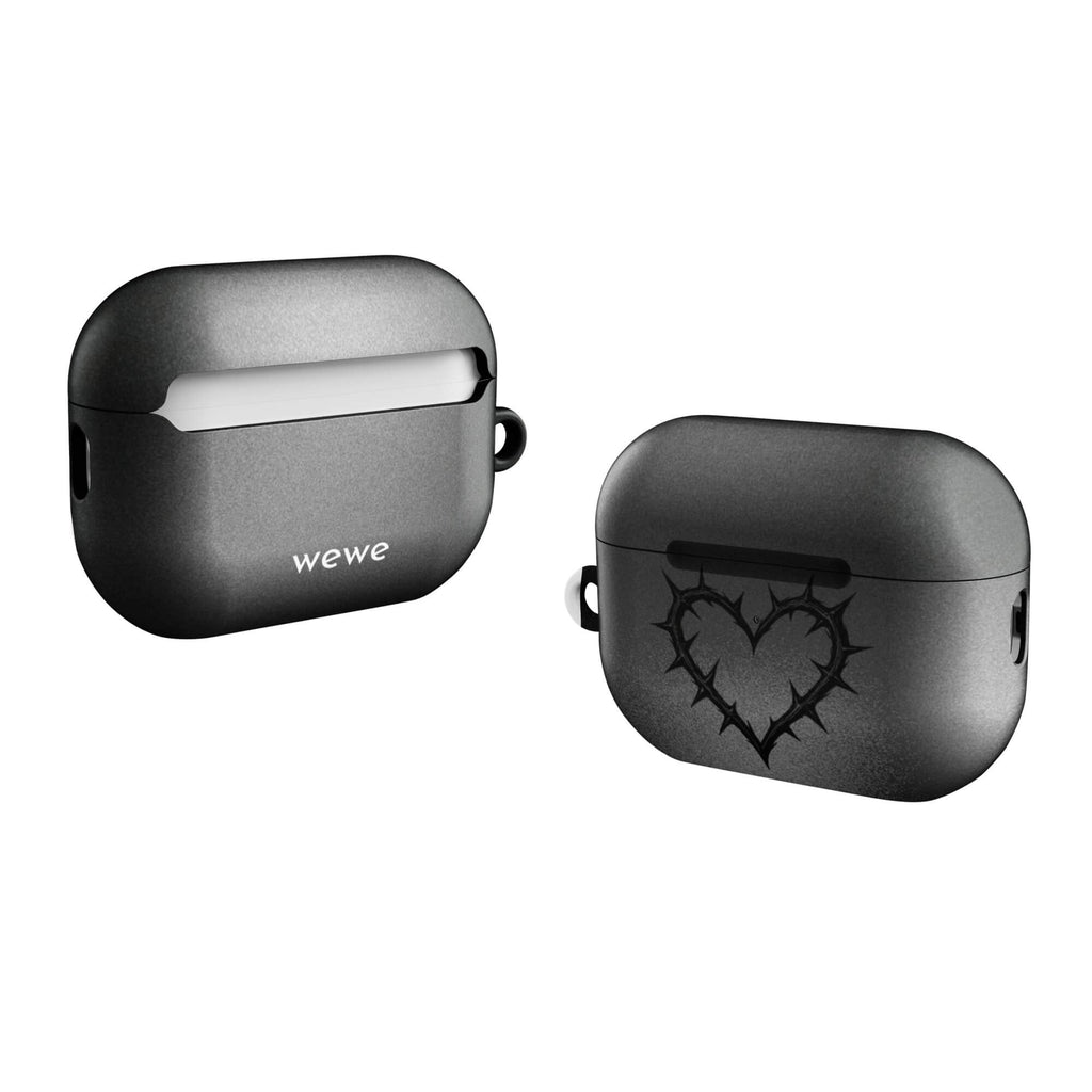 Custom AirPods case pro gen2 with a black and grey Rock-textured background and the words "MISSY" and other text in white.