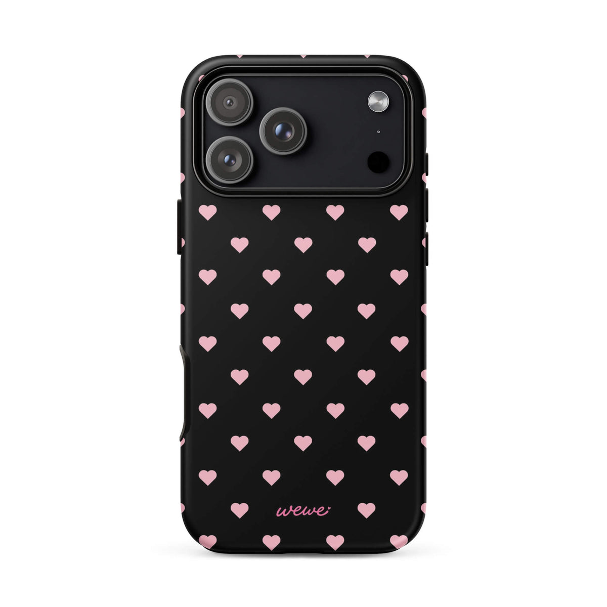 Black iPhone case with evenly spaced soft-pink mini hearts