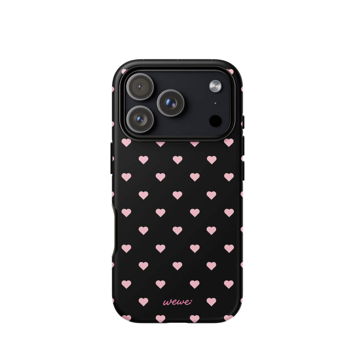 Black iPhone case with evenly spaced soft-pink mini hearts