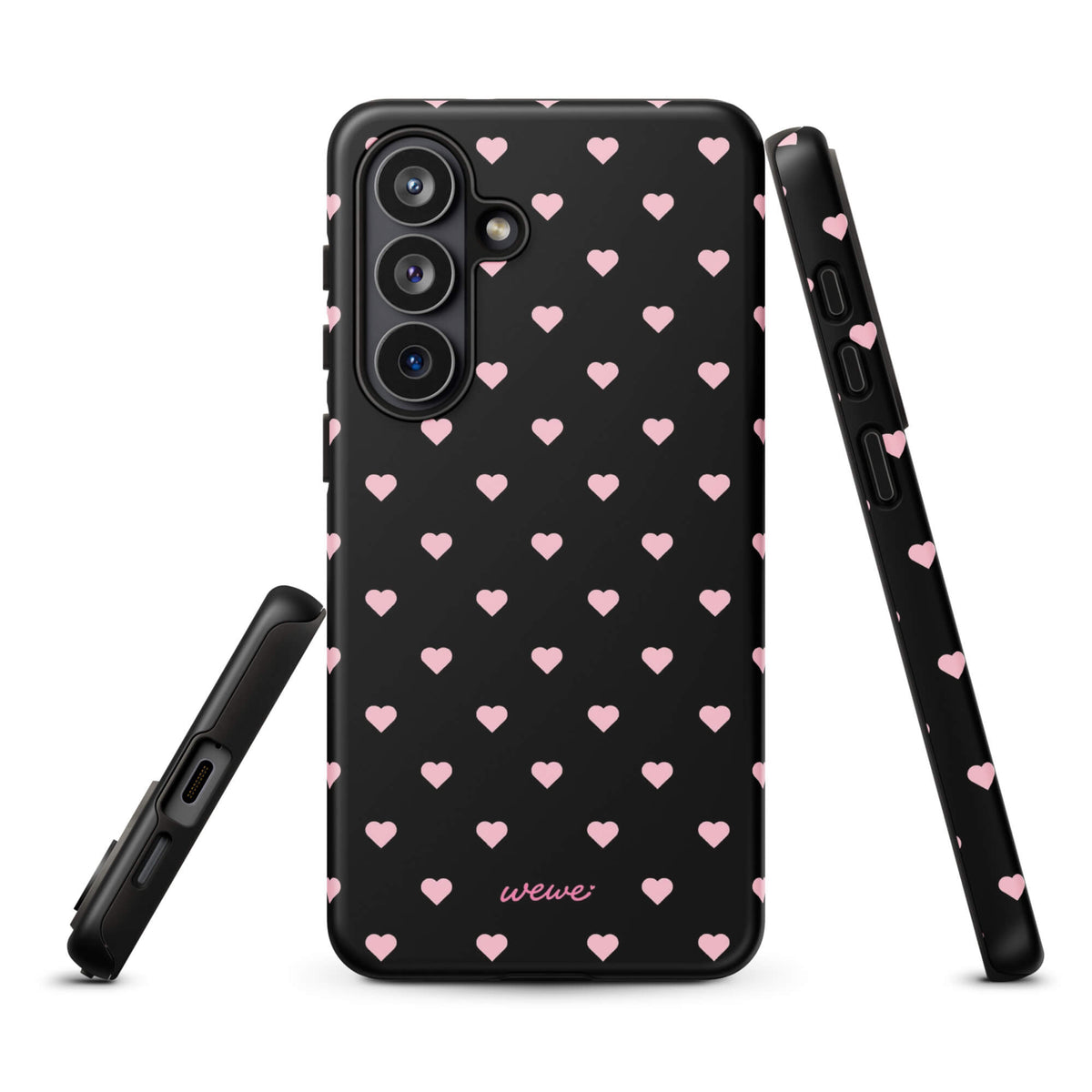 Black iPhone case with evenly spaced soft-pink mini hearts