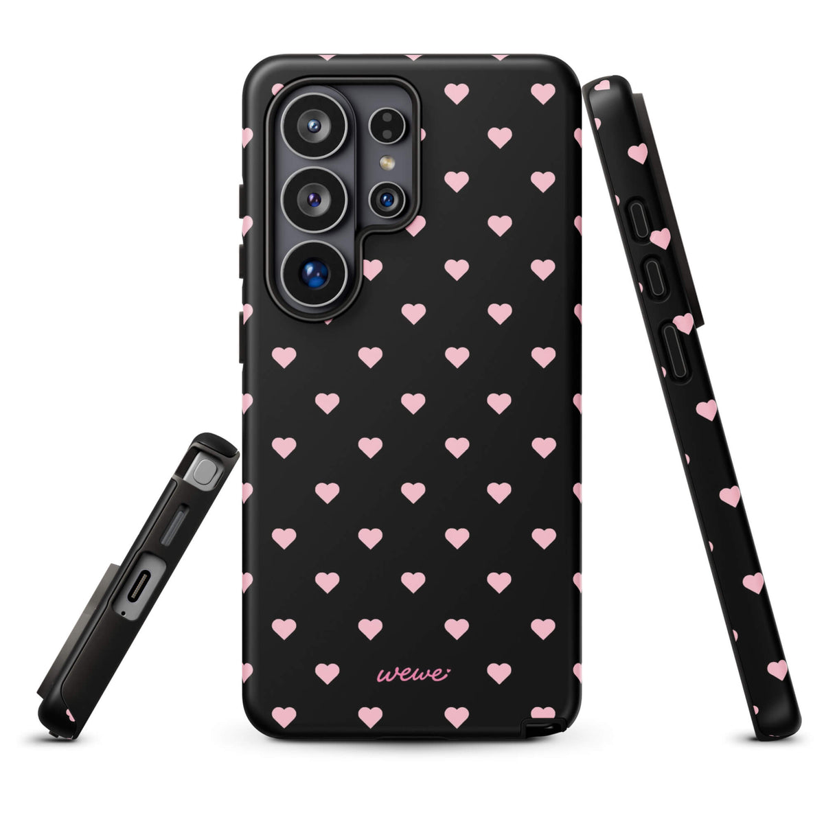 Black iPhone case with evenly spaced soft-pink mini hearts
