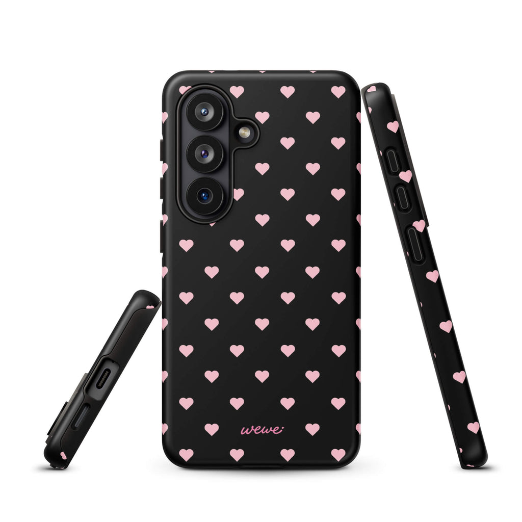 Black iPhone case with evenly spaced soft-pink mini hearts