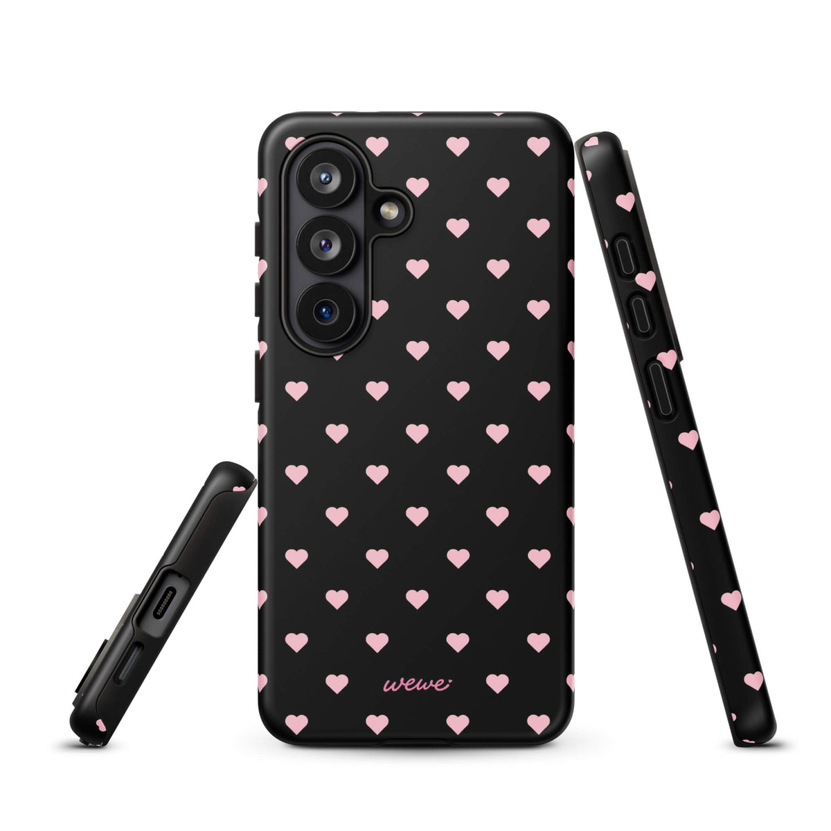 Black iPhone case with evenly spaced soft-pink mini hearts