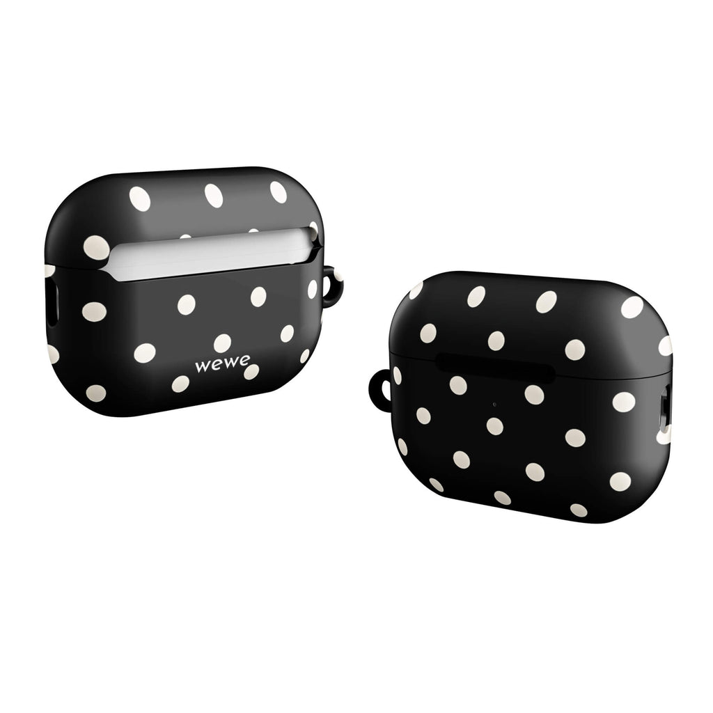 Custom AirPods case pro gen2 with a black background and a pattern of small white polka dots.