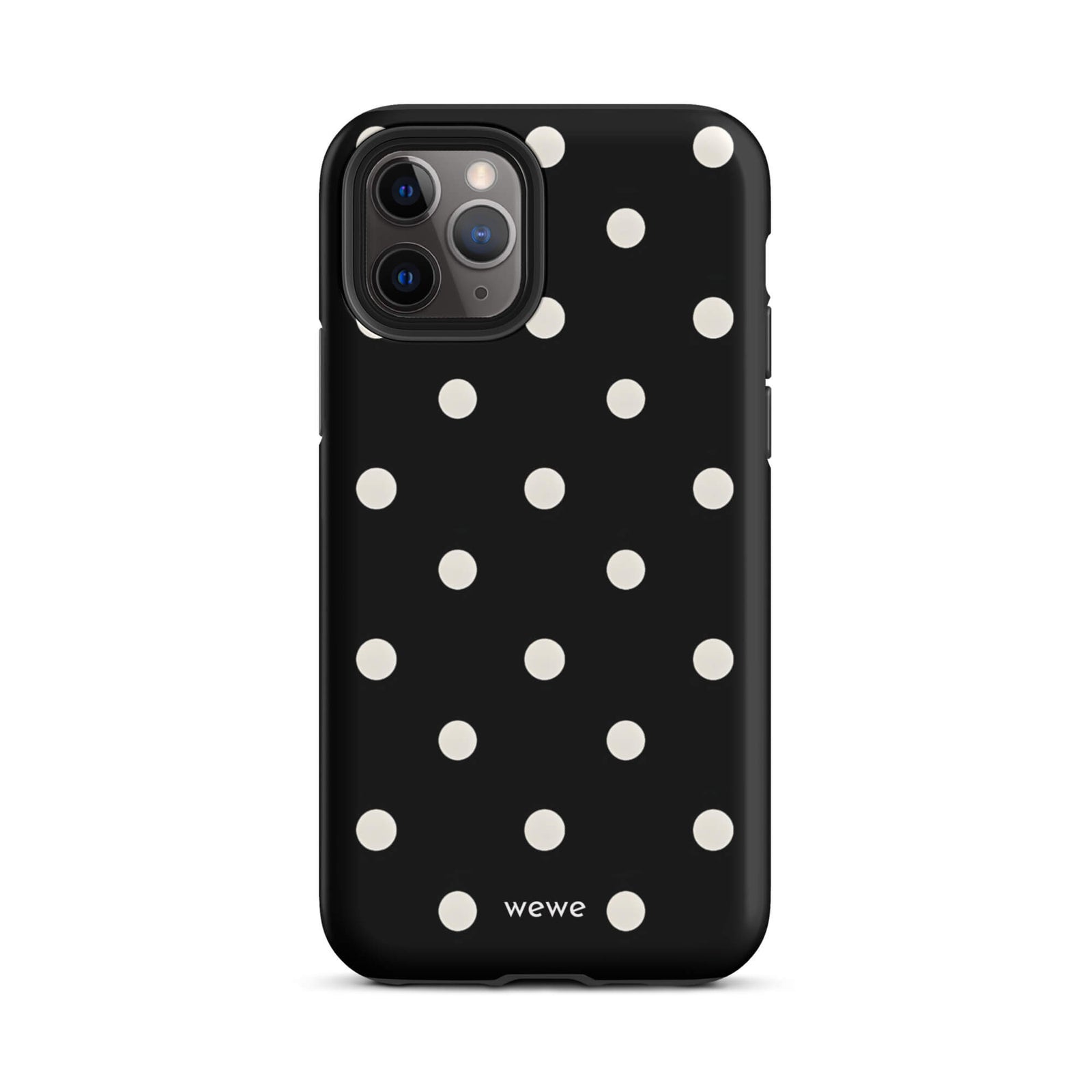 Custom iPhone case 11 pro with a black background and a pattern of small white polka dots.