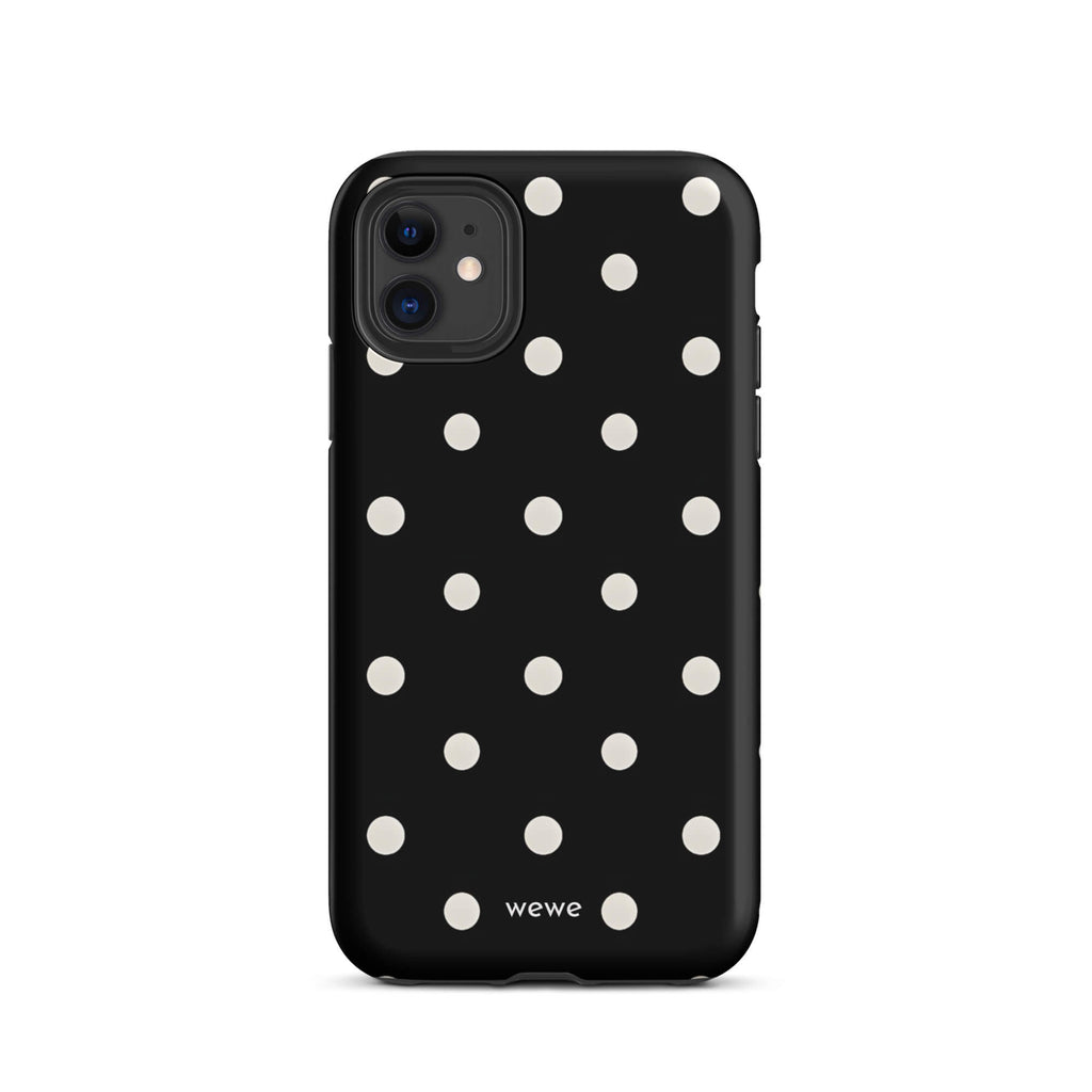 Custom iPhone case 11 with a black background and a pattern of small white polka dots.