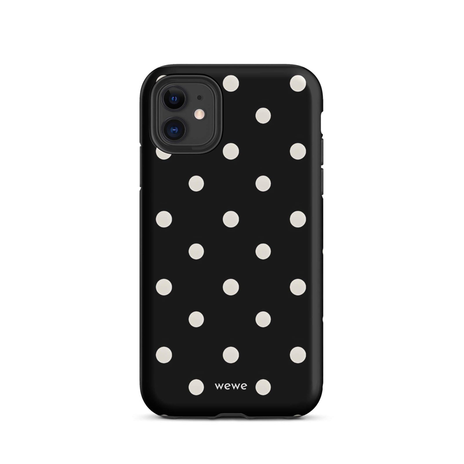 Custom iPhone case 11 with a black background and a pattern of small white polka dots.