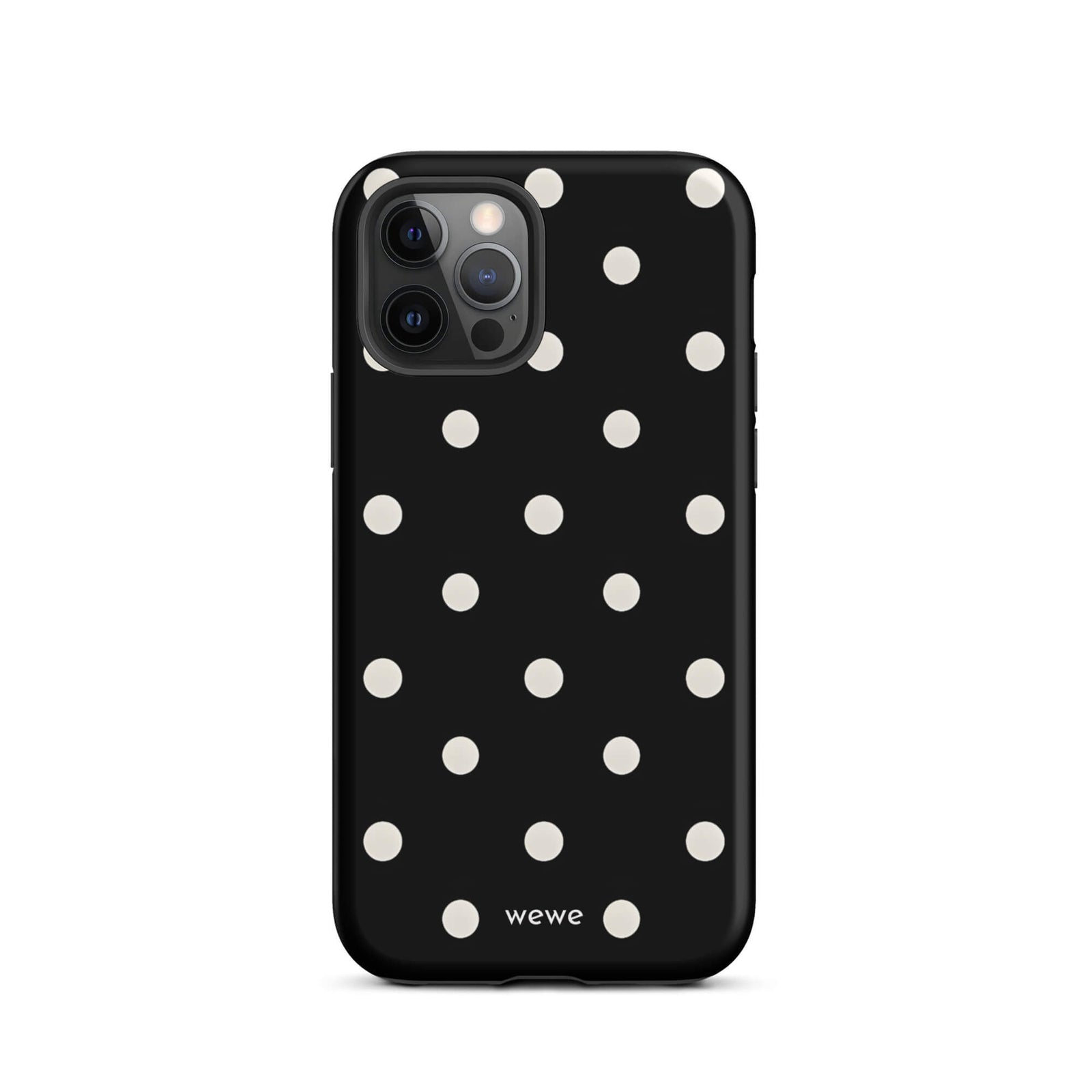 Custom iPhone case 12 pro with a black background and a pattern of small white polka dots.