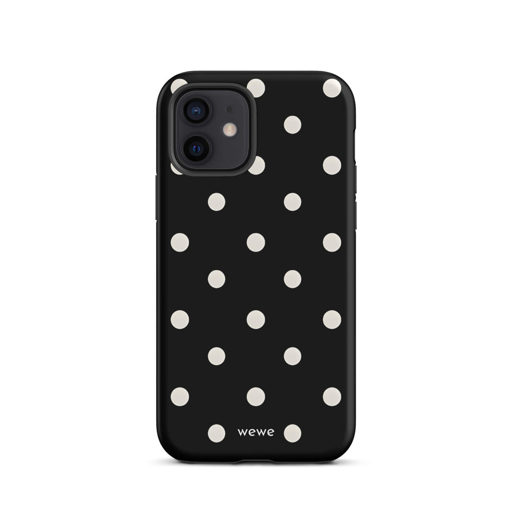 Custom iPhone case 12 with a black background and a pattern of small white polka dots.