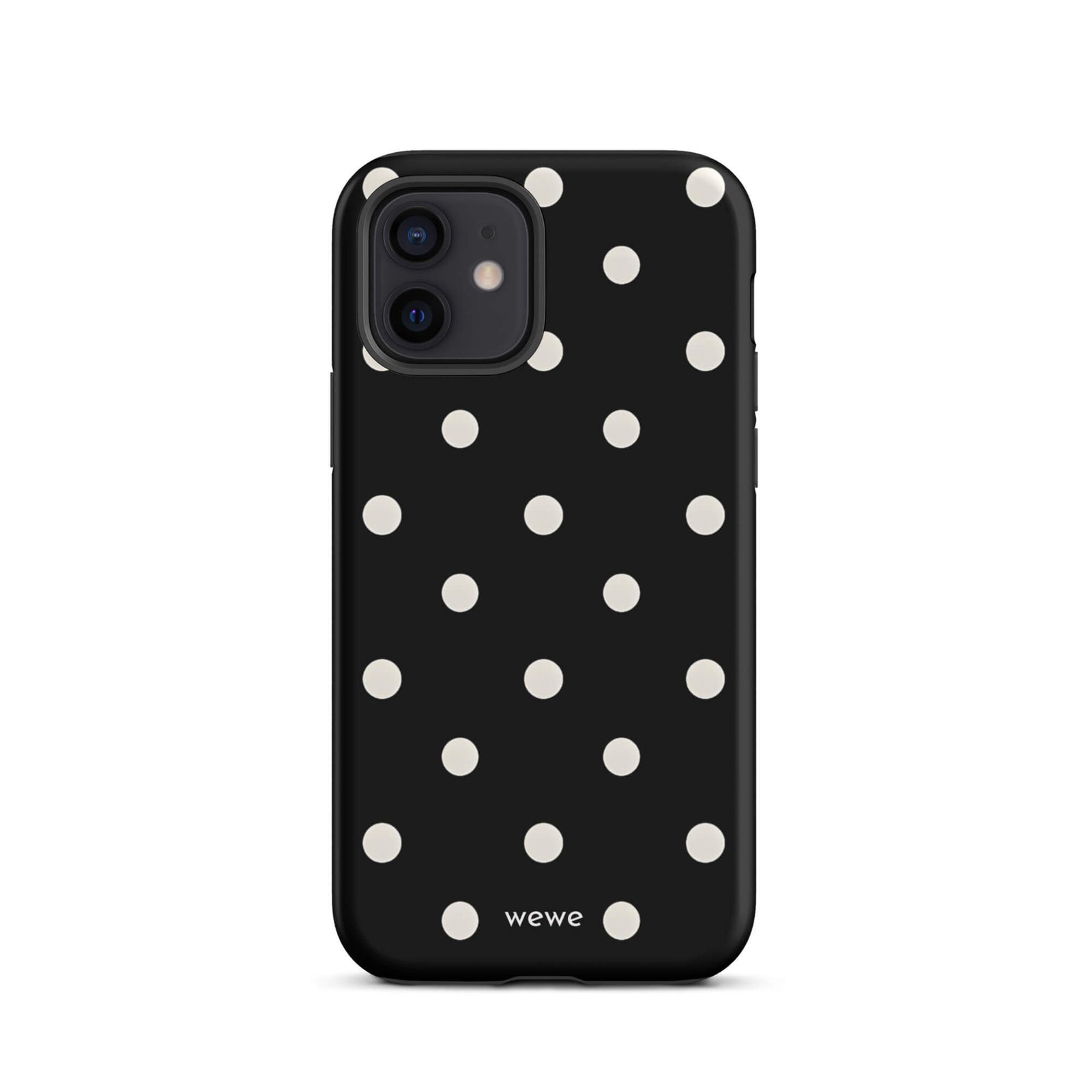 Custom iPhone case 12 with a black background and a pattern of small white polka dots.