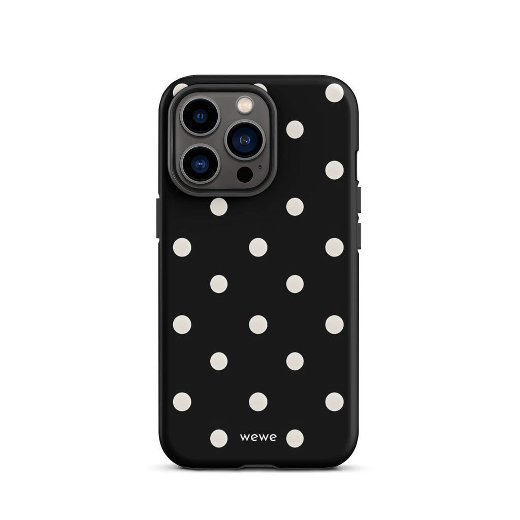 Custom iPhone case 13 pro with a black background and a pattern of small white polka dots.