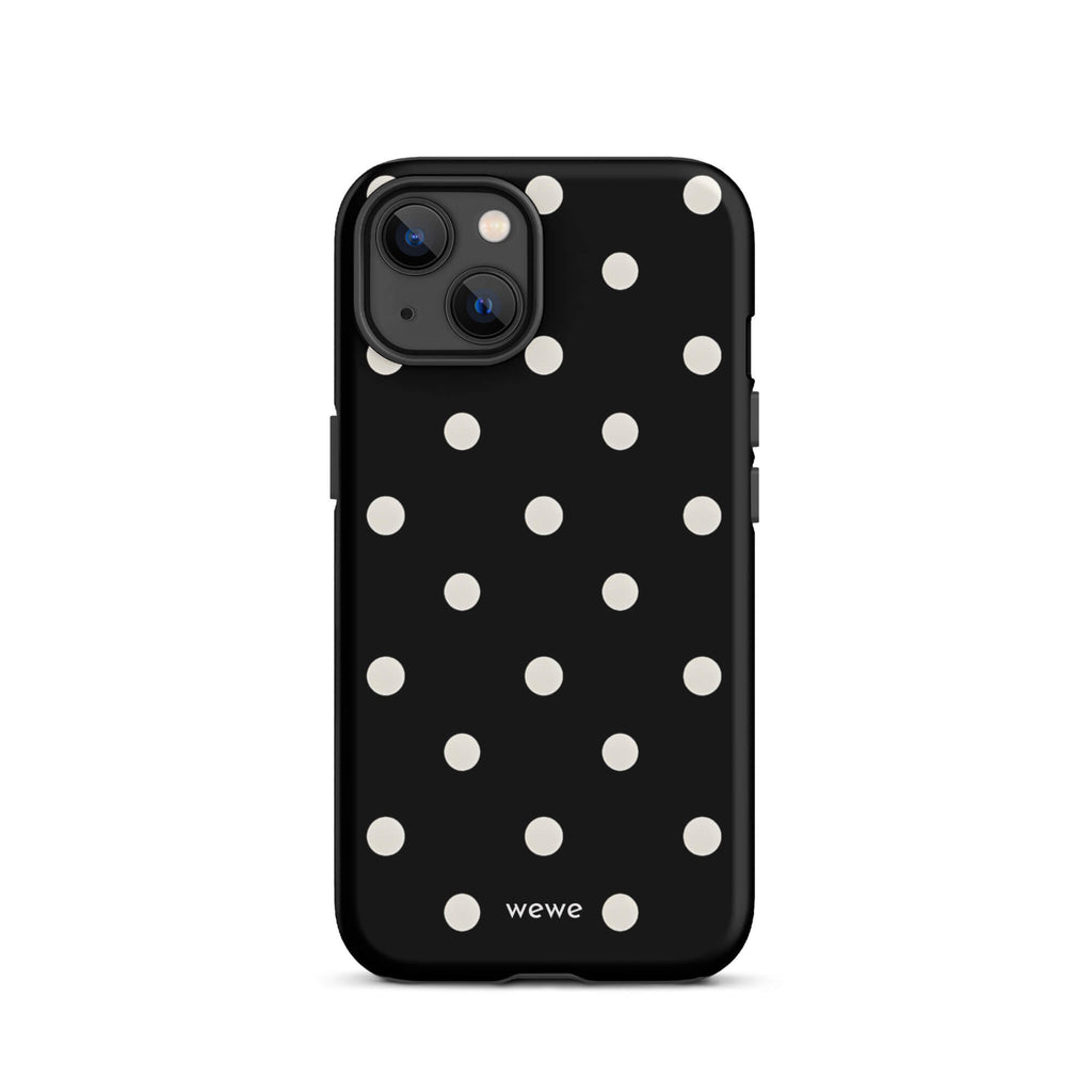 Custom iPhone case 13 with a black background and a pattern of small white polka dots.