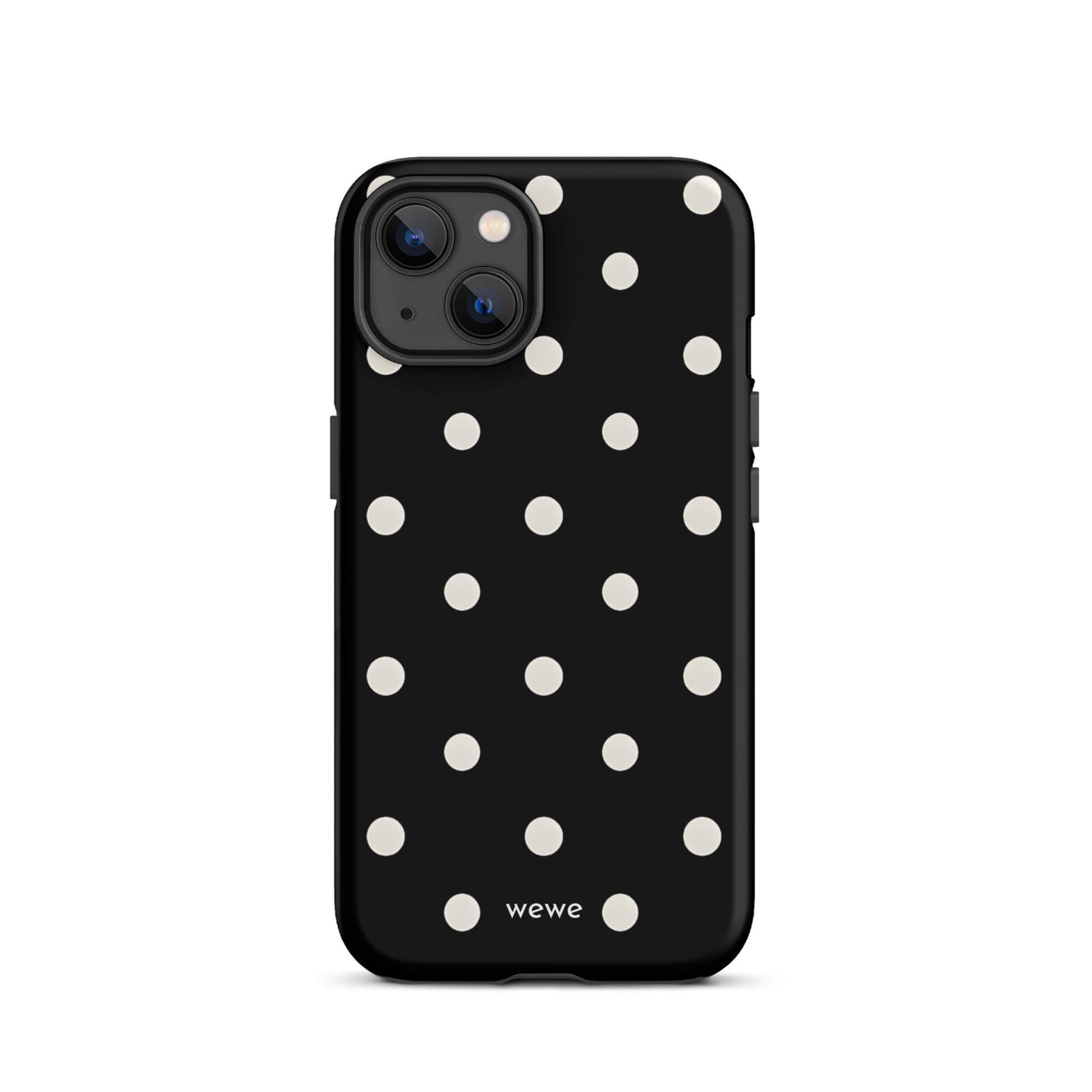 Custom iPhone case 13 with a black background and a pattern of small white polka dots.