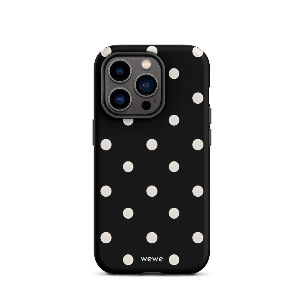 Custom iPhone case 14 pro with a black background and a pattern of small white polka dots.