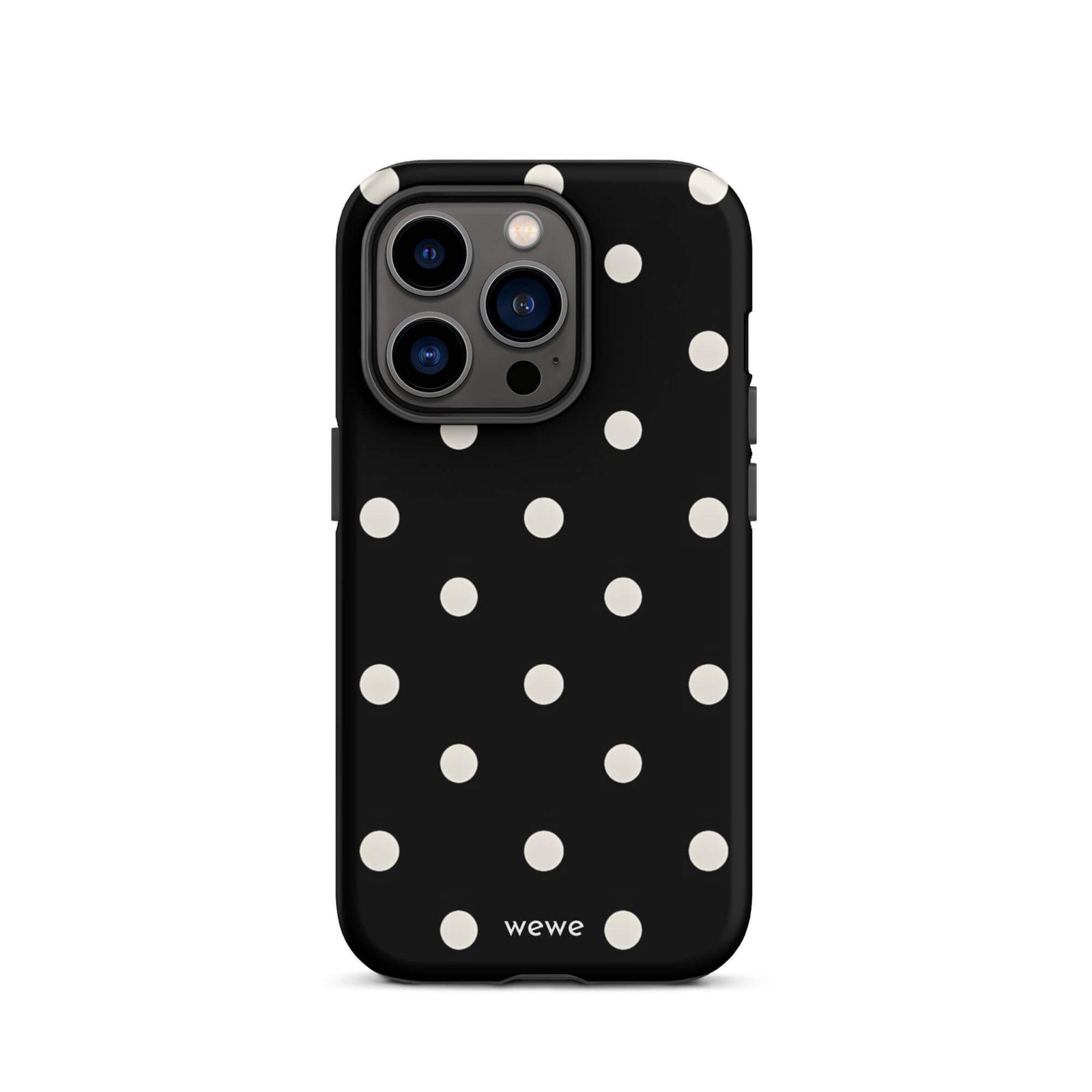Custom iPhone case 14 pro with a black background and a pattern of small white polka dots.