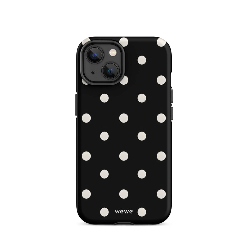 Custom iPhone case 14 with a black background and a pattern of small white polka dots.