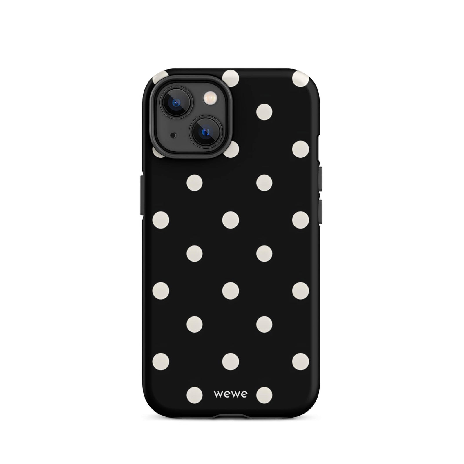 Custom iPhone case 14 with a black background and a pattern of small white polka dots.