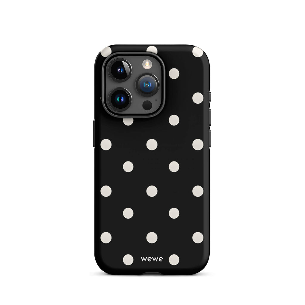 Custom iPhone case 15 pro with a black background and a pattern of small white polka dots.