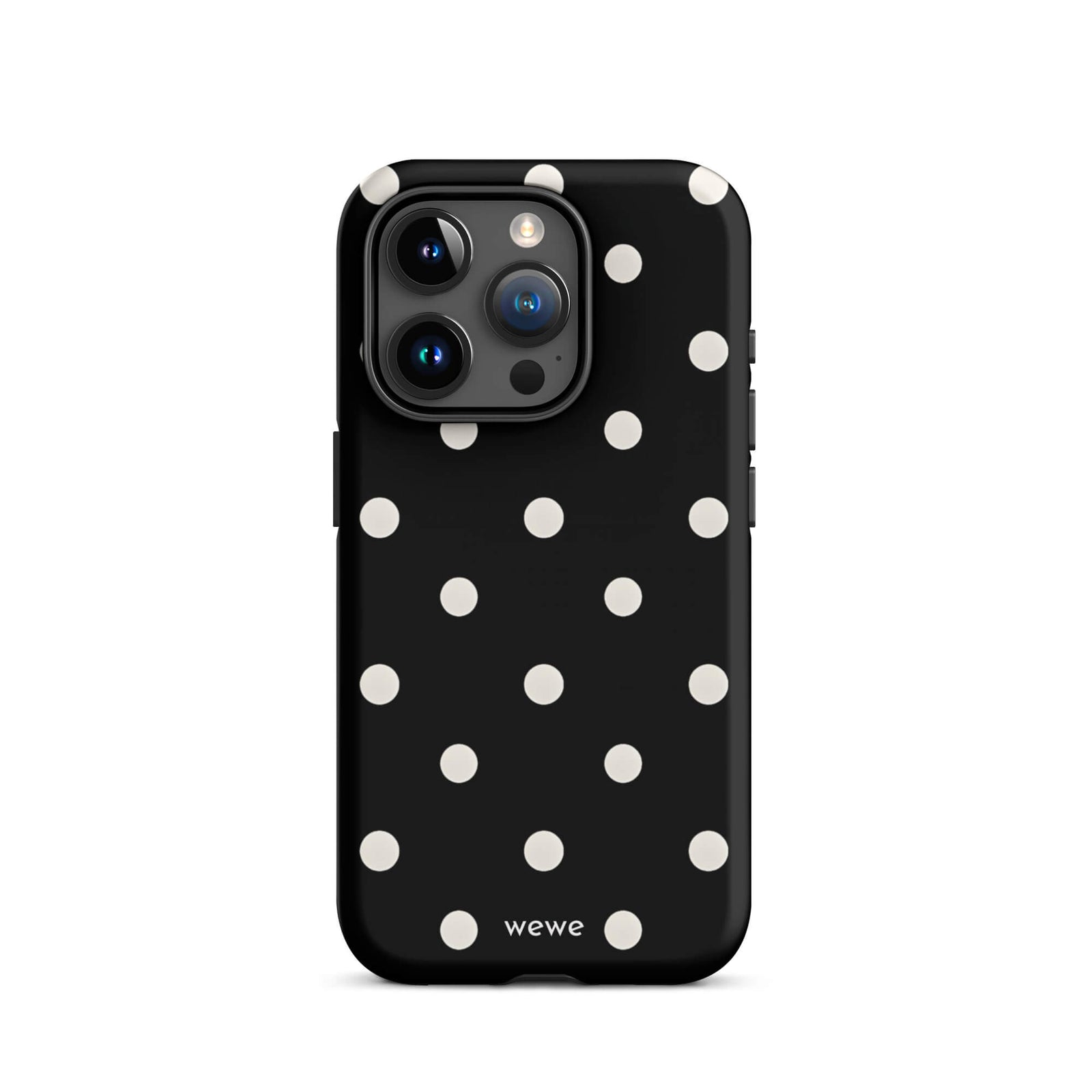 Custom iPhone case 15 pro with a black background and a pattern of small white polka dots.