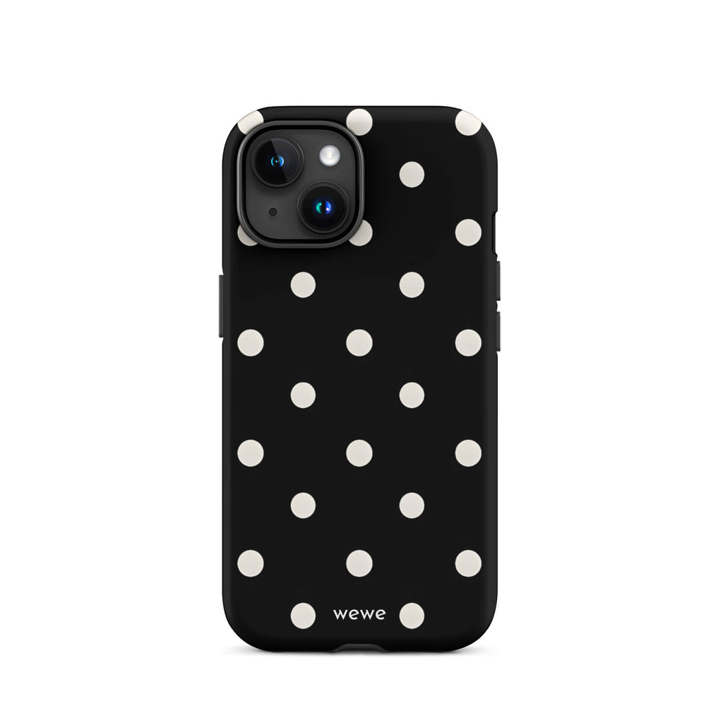 Custom iPhone case 15 with a black background and a pattern of small white polka dots.