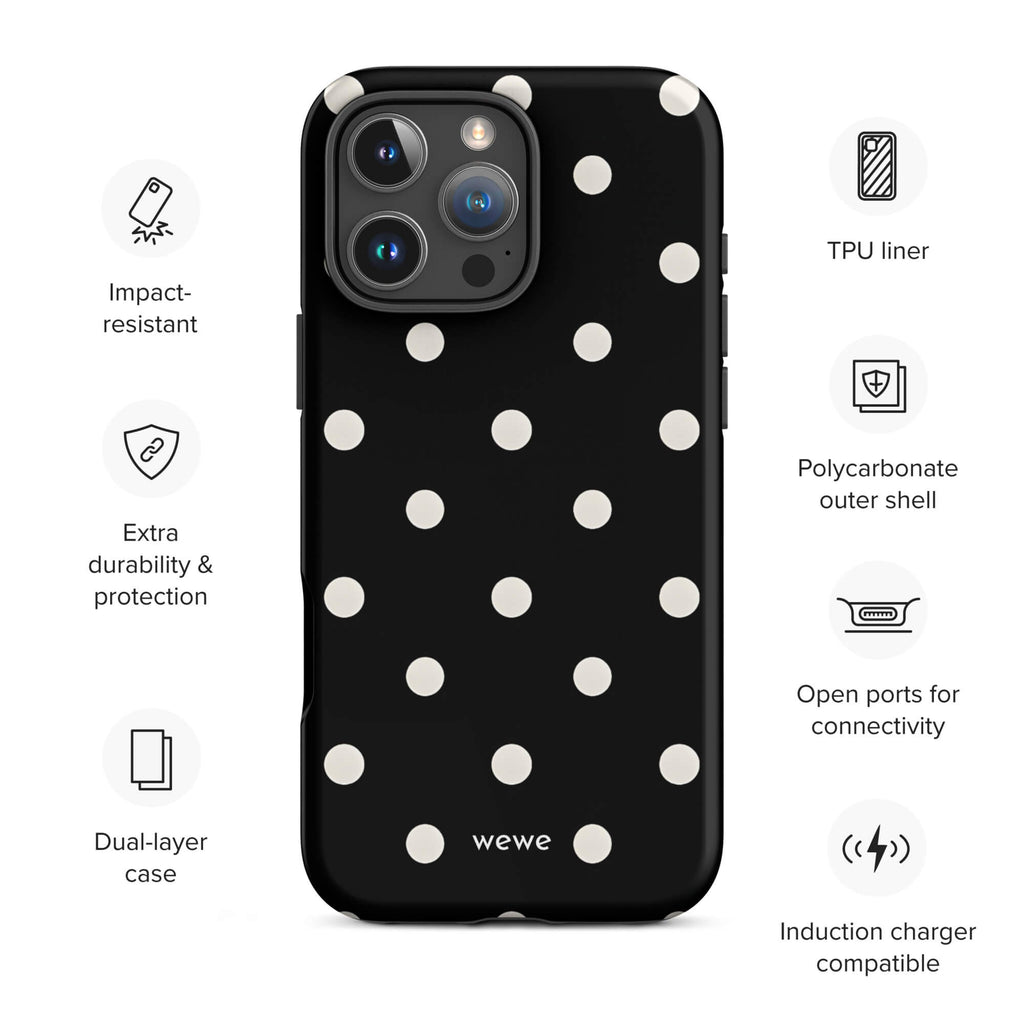 Custom black polka dot iphone case 16 pro max wireless charging compatible.