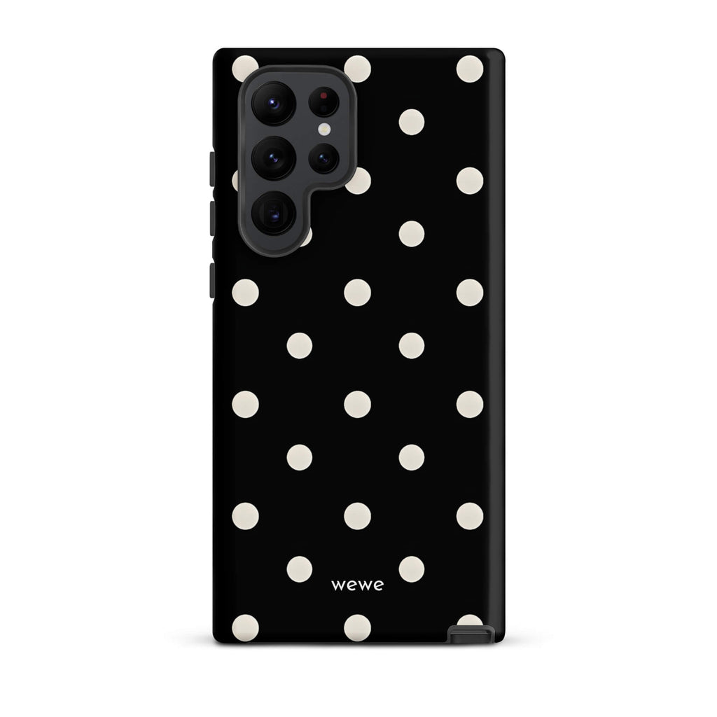 Custom samsung galaxy s22 ultra Phone case with a black background and a pattern of small white polka dots.