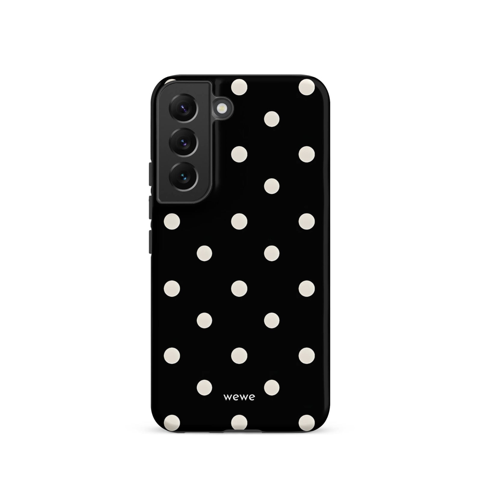 Custom samsung galaxy s22 Phone case with a black background and a pattern of small white polka dots.