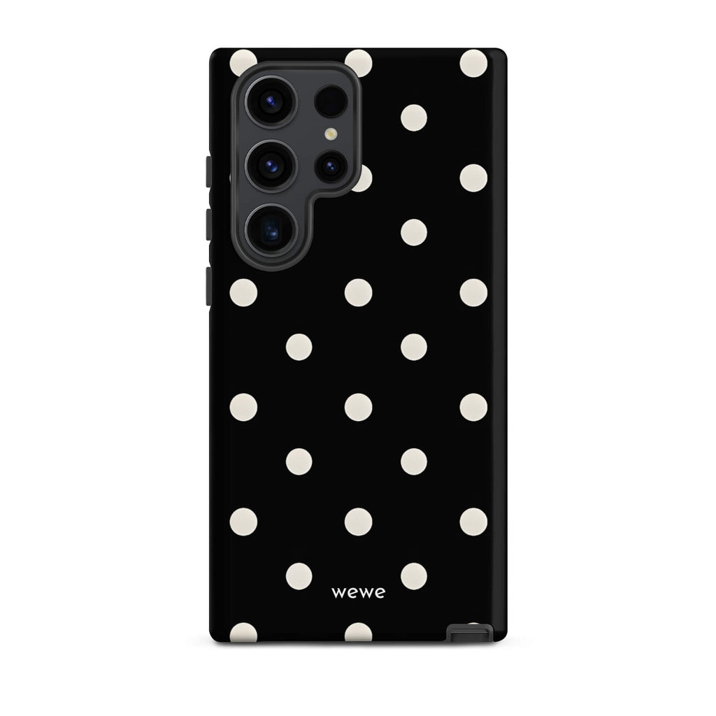Custom samsung galaxy s23 ultra Phone case with a black background and a pattern of small white polka dots.