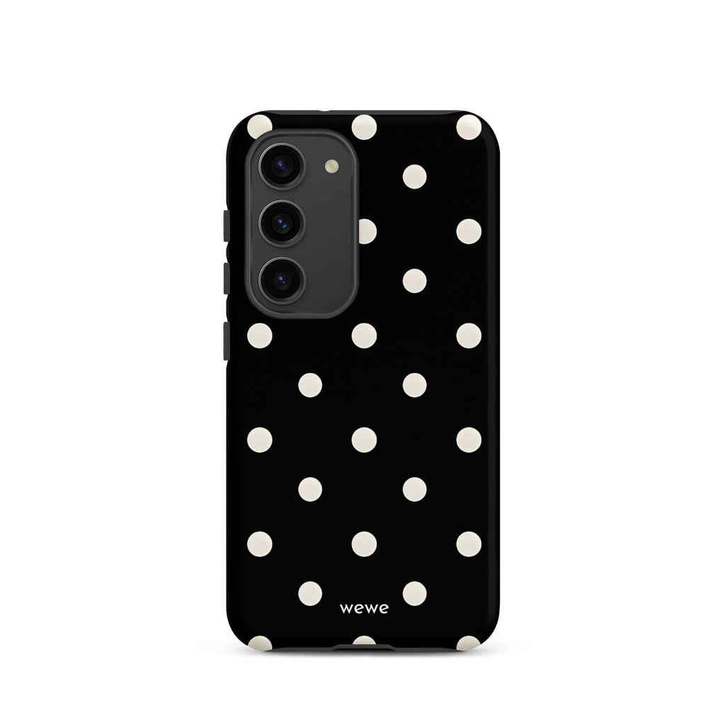 Custom samsung galaxy s23 Phone case with a black background and a pattern of small white polka dots.