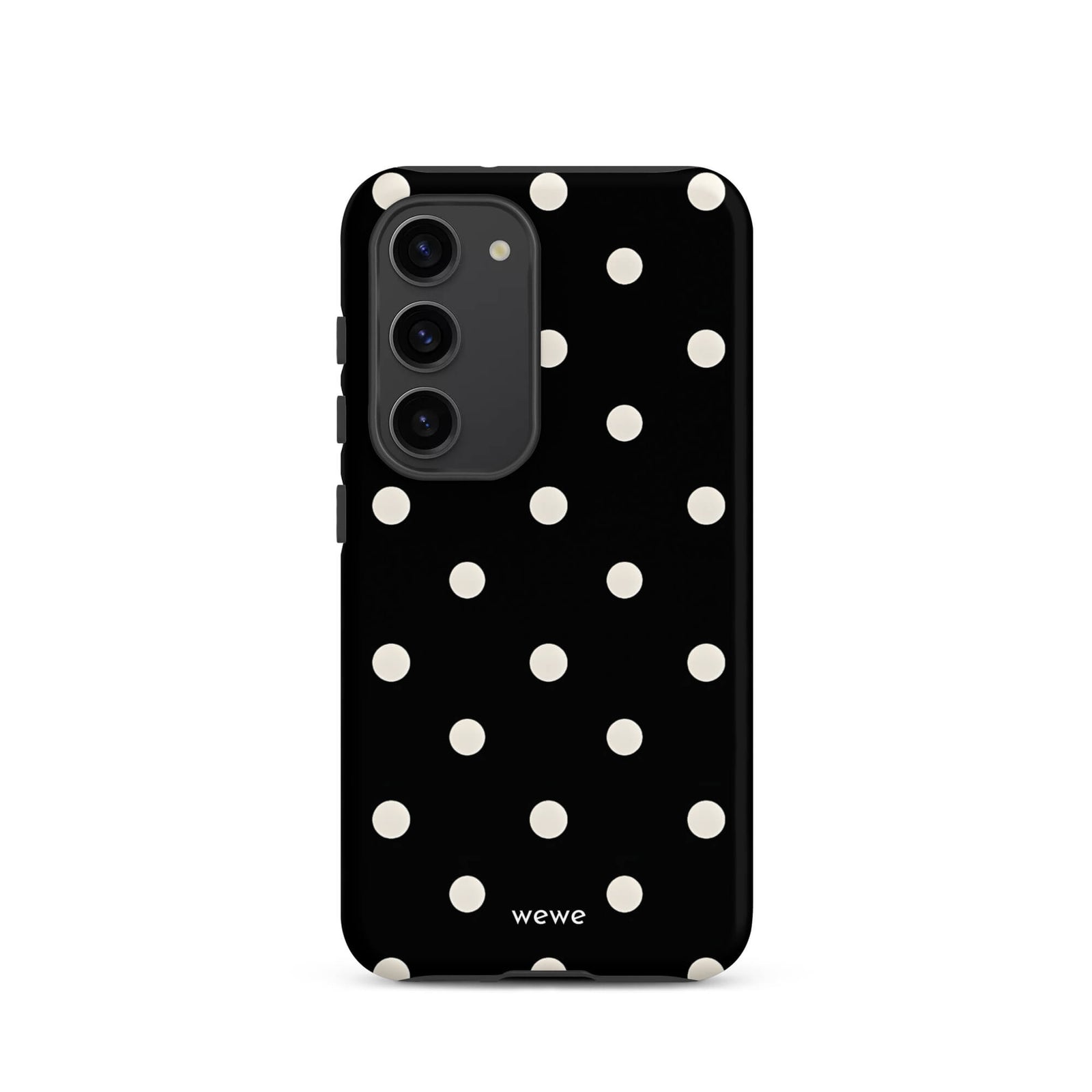 Custom samsung galaxy s23 Phone case with a black background and a pattern of small white polka dots.