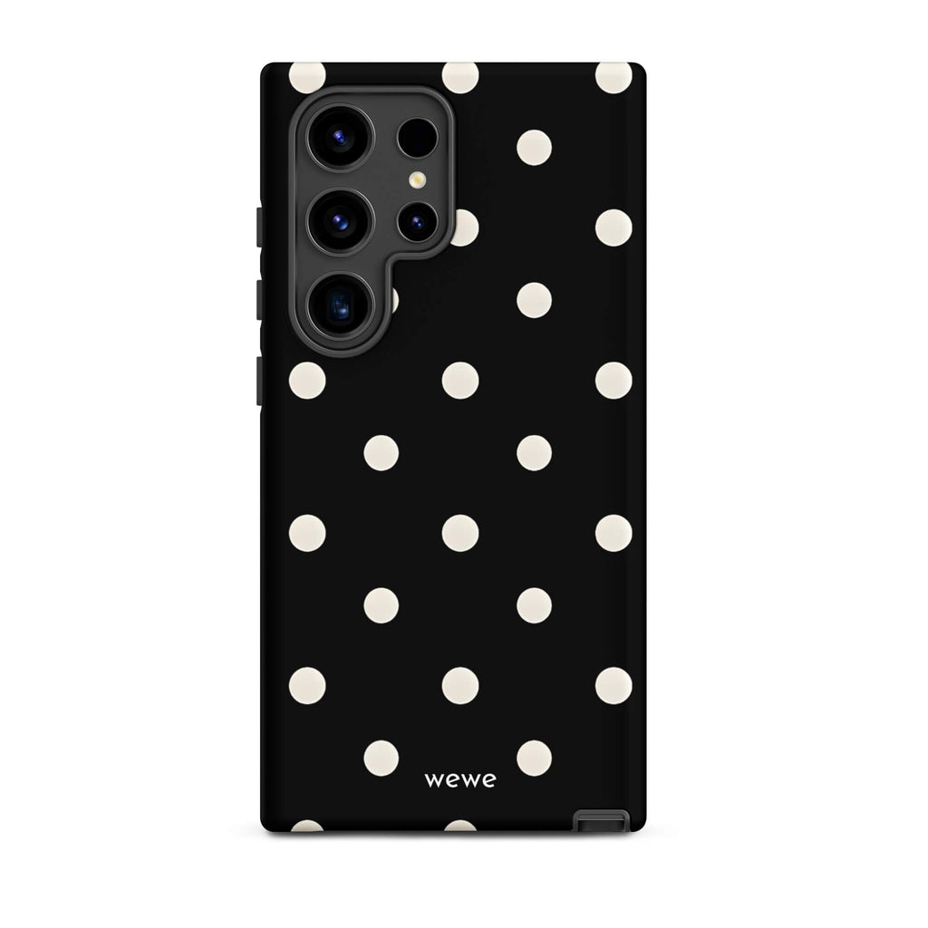 Custom samsung galaxy s24 ultra Phone case with a black background and a pattern of small white polka dots.