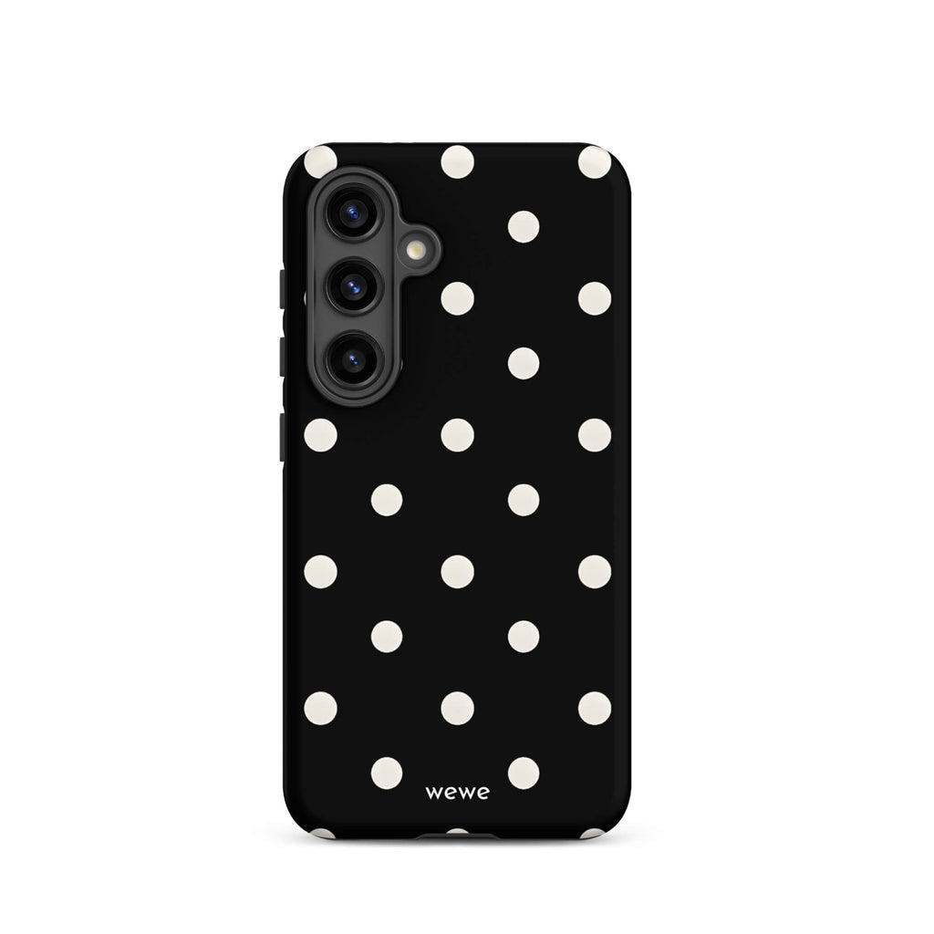 Custom samsung galaxy s24 Phone case with a black background and a pattern of small white polka dots.