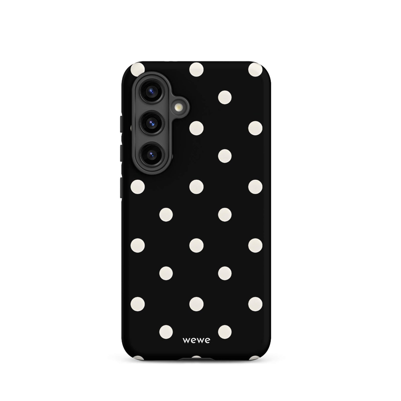 Custom samsung galaxy s24 Phone case with a black background and a pattern of small white polka dots.