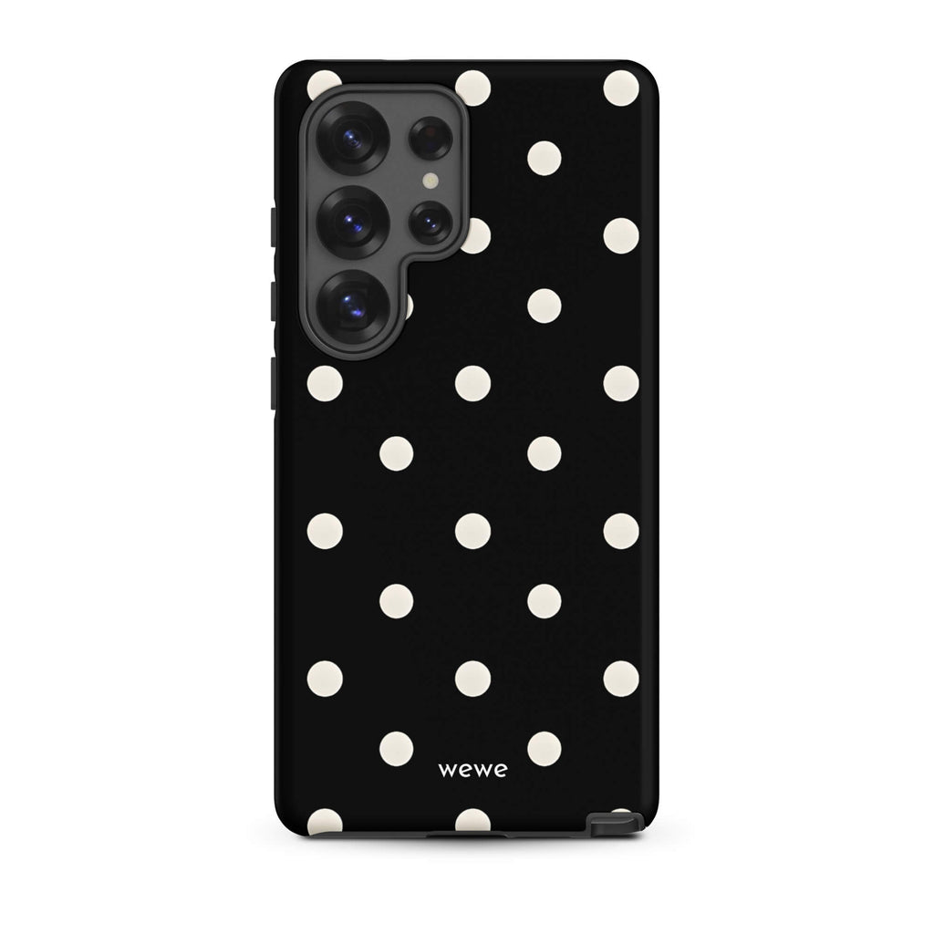 Custom samsung galaxy s25 ultra Phone case with a black background and a pattern of small white polka dots.