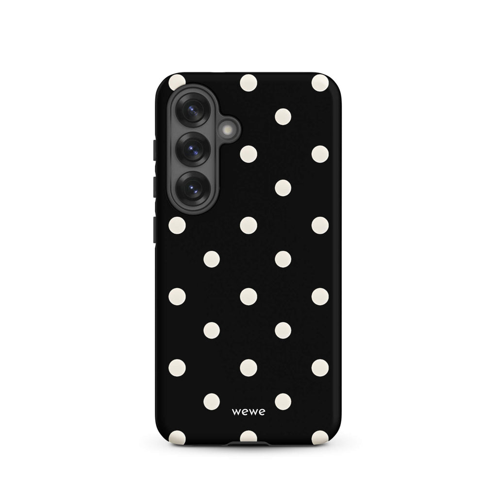 Custom samsung galaxy s25 Phone case with a black background and a pattern of small white polka dots.