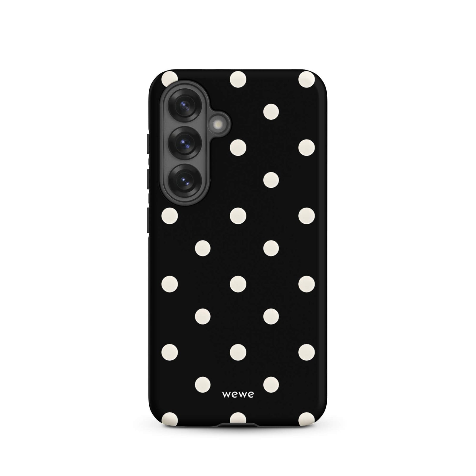Custom samsung galaxy s25 Phone case with a black background and a pattern of small white polka dots.