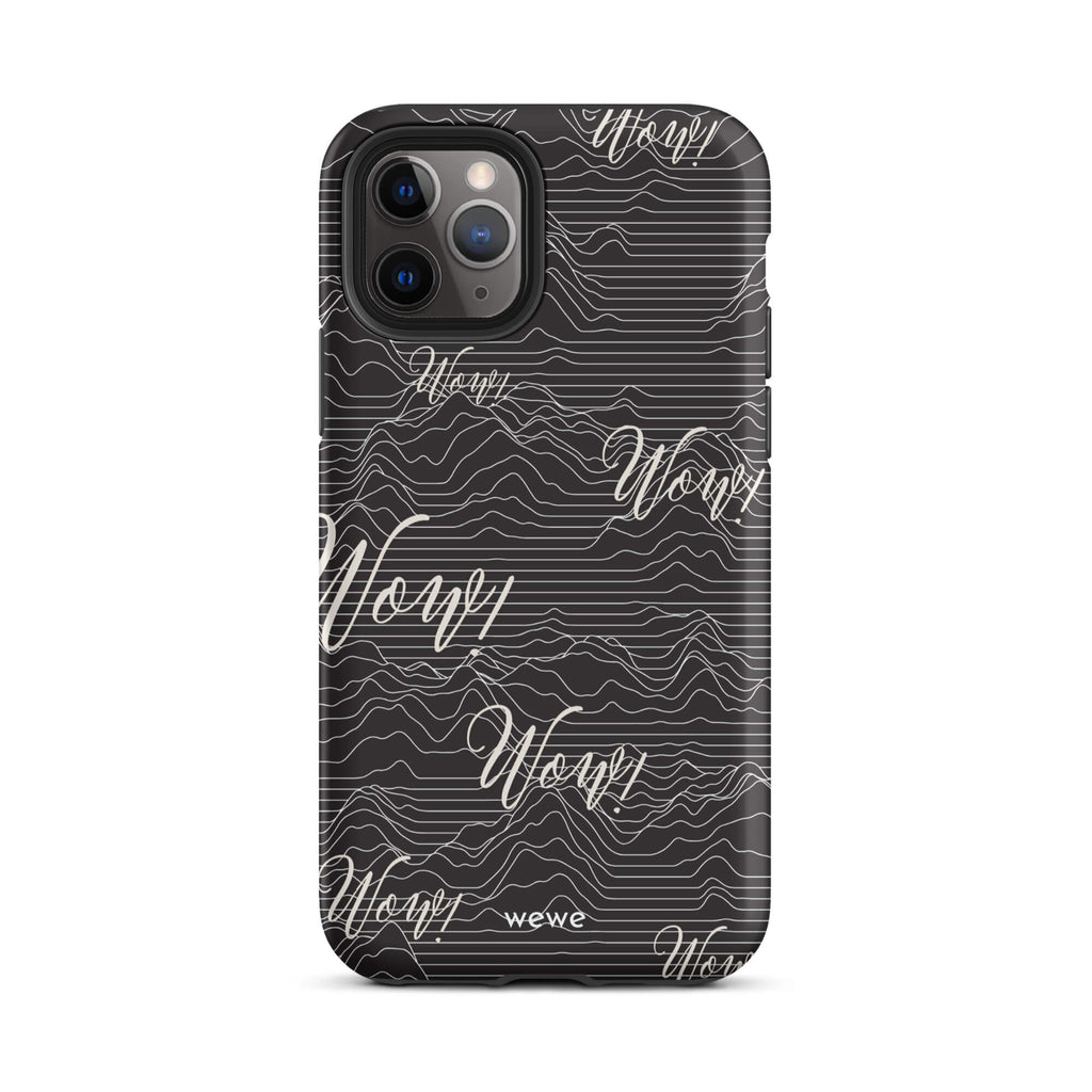 Custom iPhone case 11 pro with a black background, a wave pattern, and "Wow!" text repeated in a handwritten font.