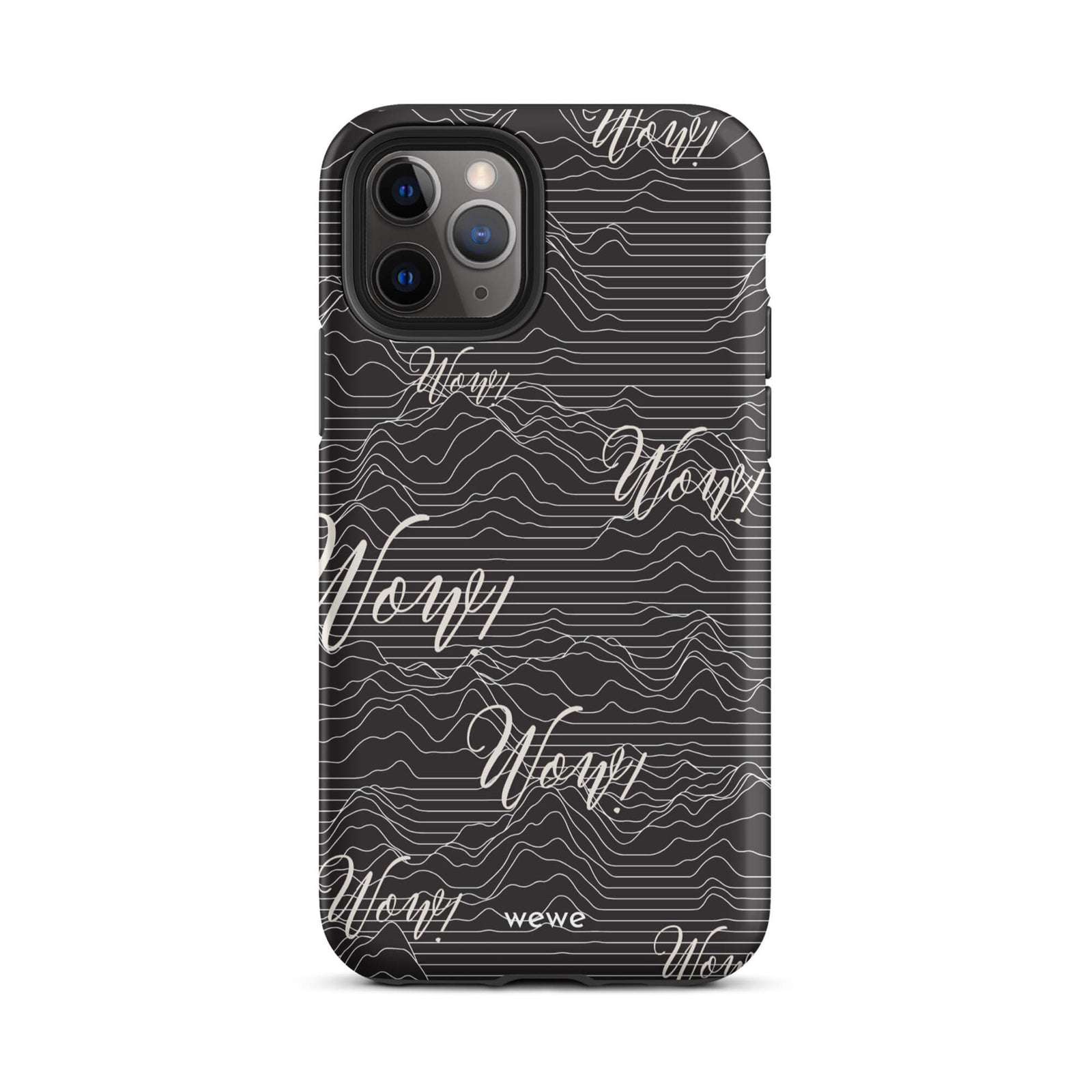 Custom iPhone case 11 pro with a black background, a wave pattern, and "Wow!" text repeated in a handwritten font.
