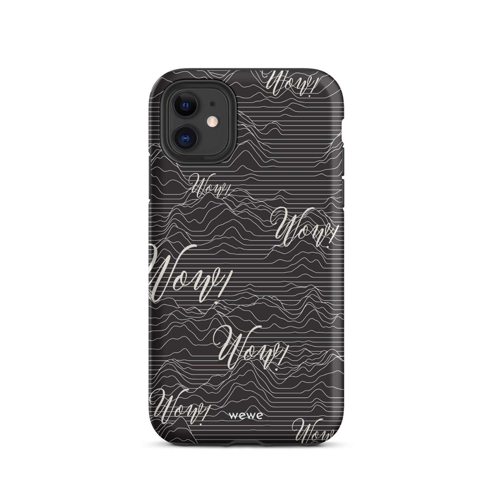 Custom iPhone case 11 with a black background, a wave pattern, and "Wow!" text repeated in a handwritten font.