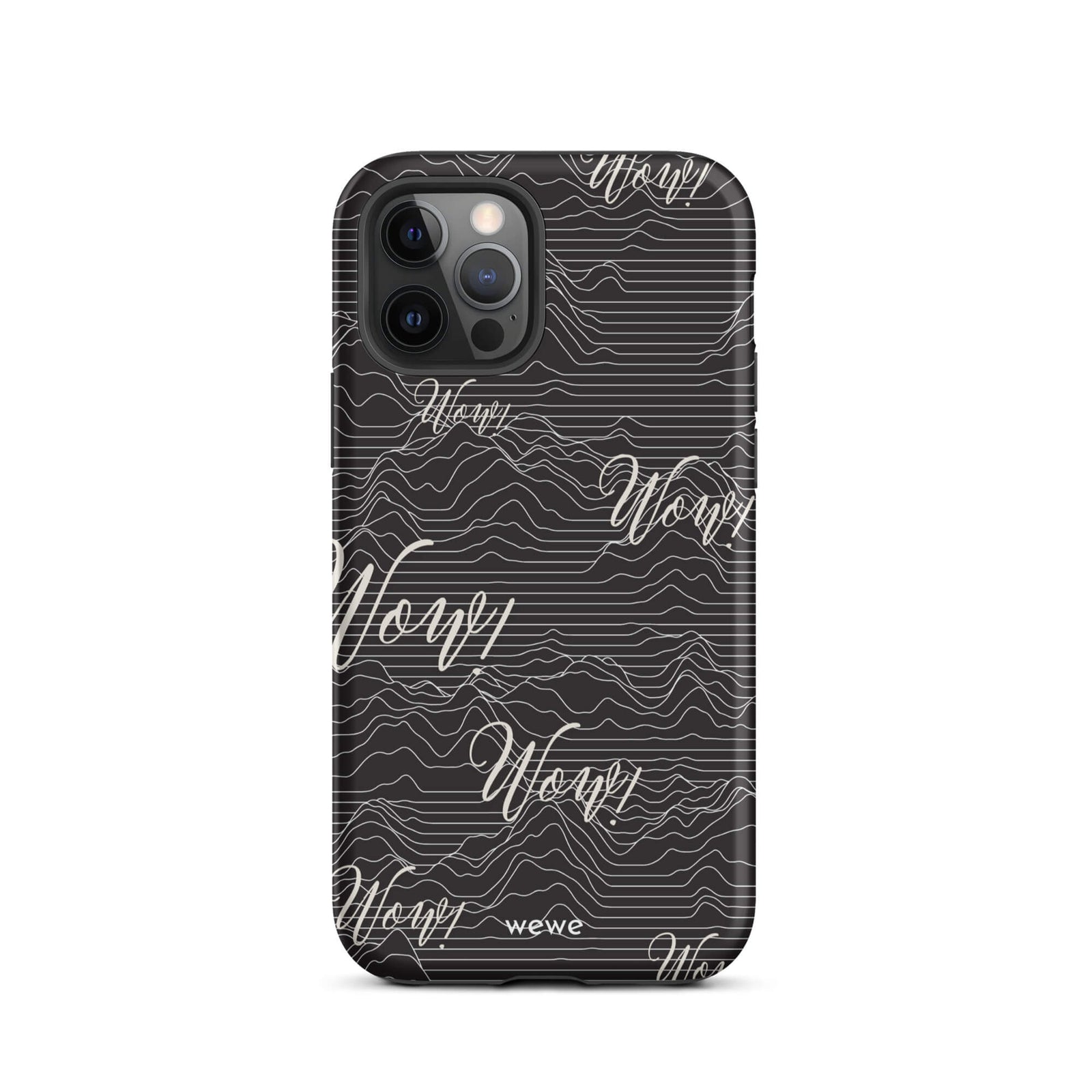Custom iPhone case 12 pro with a black background, a wave pattern, and "Wow!" text repeated in a handwritten font.
