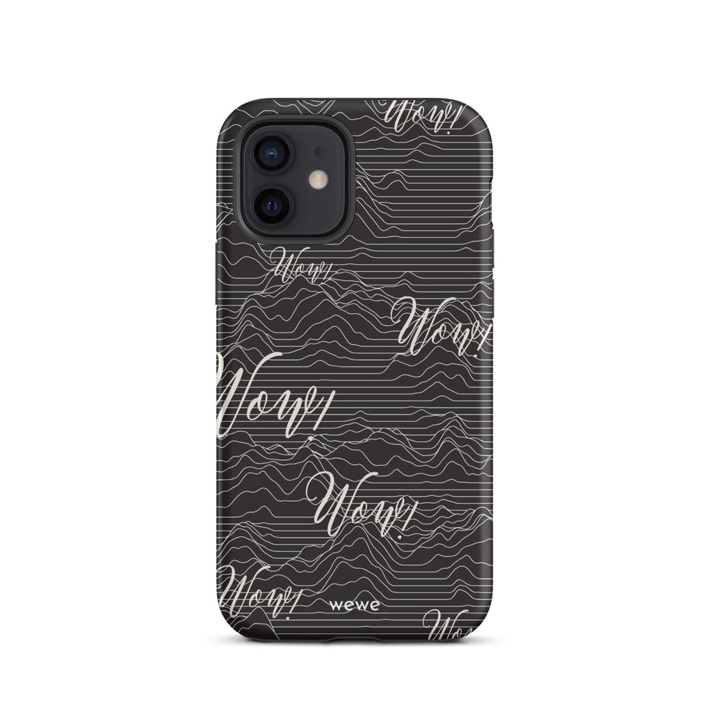 Custom iPhone case 12 with a black background, a wave pattern, and "Wow!" text repeated in a handwritten font.