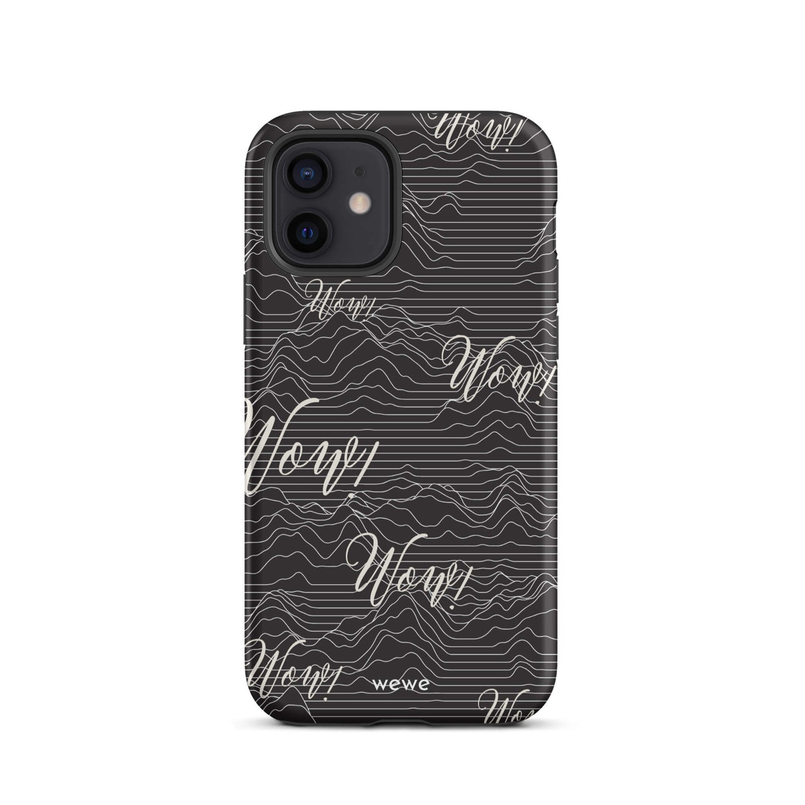 Custom iPhone case 12 with a black background, a wave pattern, and "Wow!" text repeated in a handwritten font.
