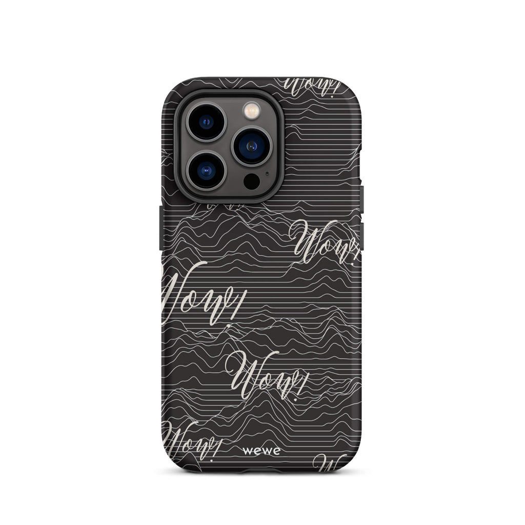 Custom iPhone case 14 pro with a black background, a wave pattern, and "Wow!" text repeated in a handwritten font.