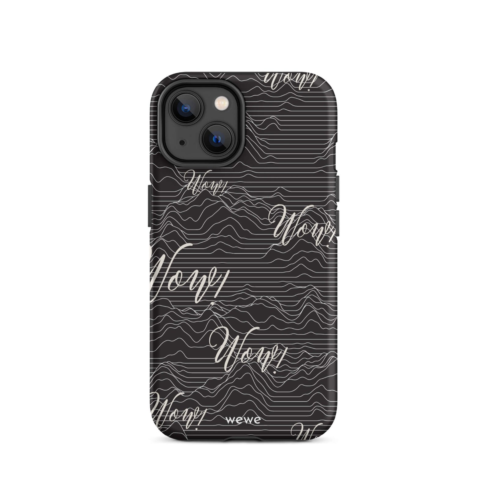 Custom iPhone case 14 with a black background, a wave pattern, and "Wow!" text repeated in a handwritten font.