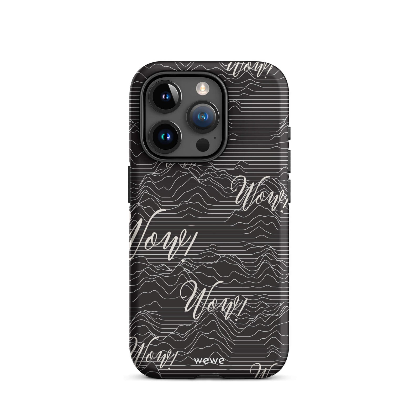 Custom iPhone case 15 pro with a black background, a wave pattern, and "Wow!" text repeated in a handwritten font.