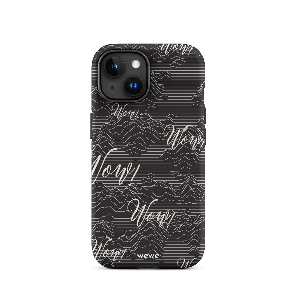 Custom iPhone case 15 with a black background, a wave pattern, and "Wow!" text repeated in a handwritten font.