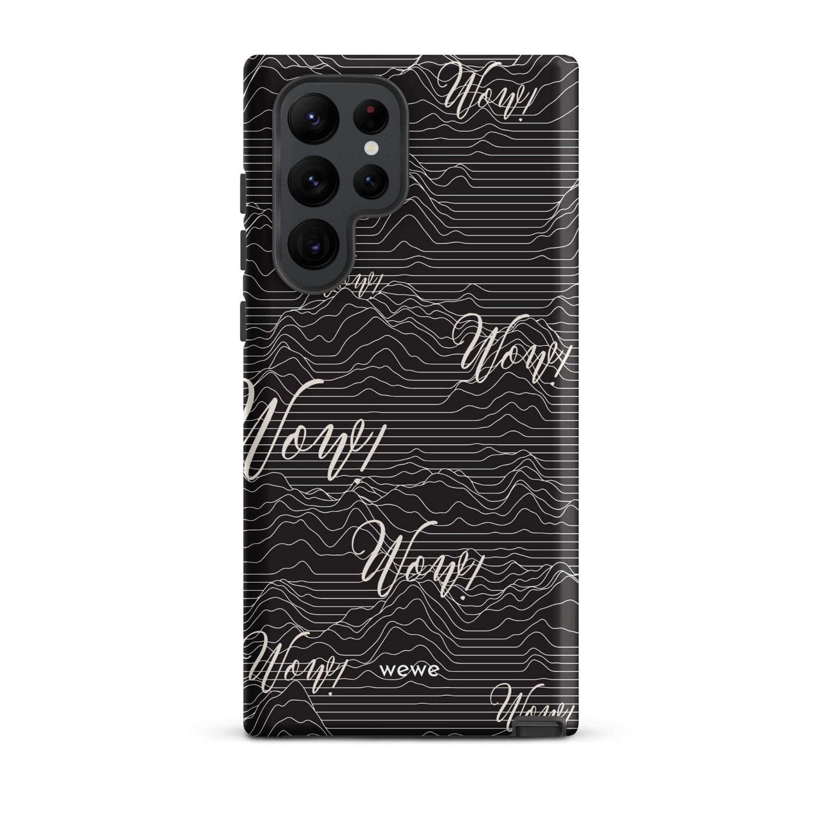 Custom samsunng galaxy s22 ultra  Phone case with a black background, a wave pattern, and "Wow!" text repeated in a handwritten font.