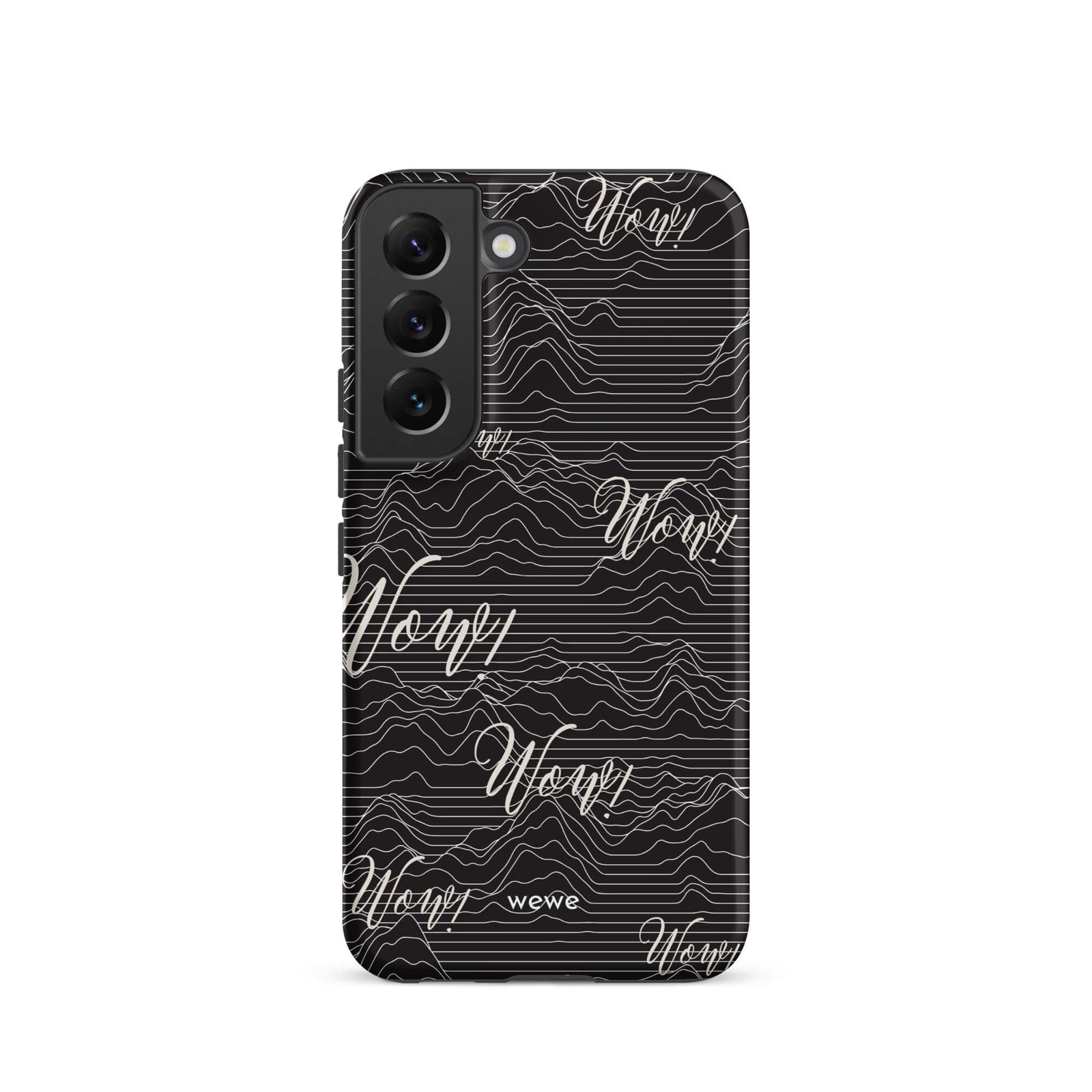 Custom samsunng galaxy s22 Phone case with a black background, a wave pattern, and "Wow!" text repeated in a handwritten font.