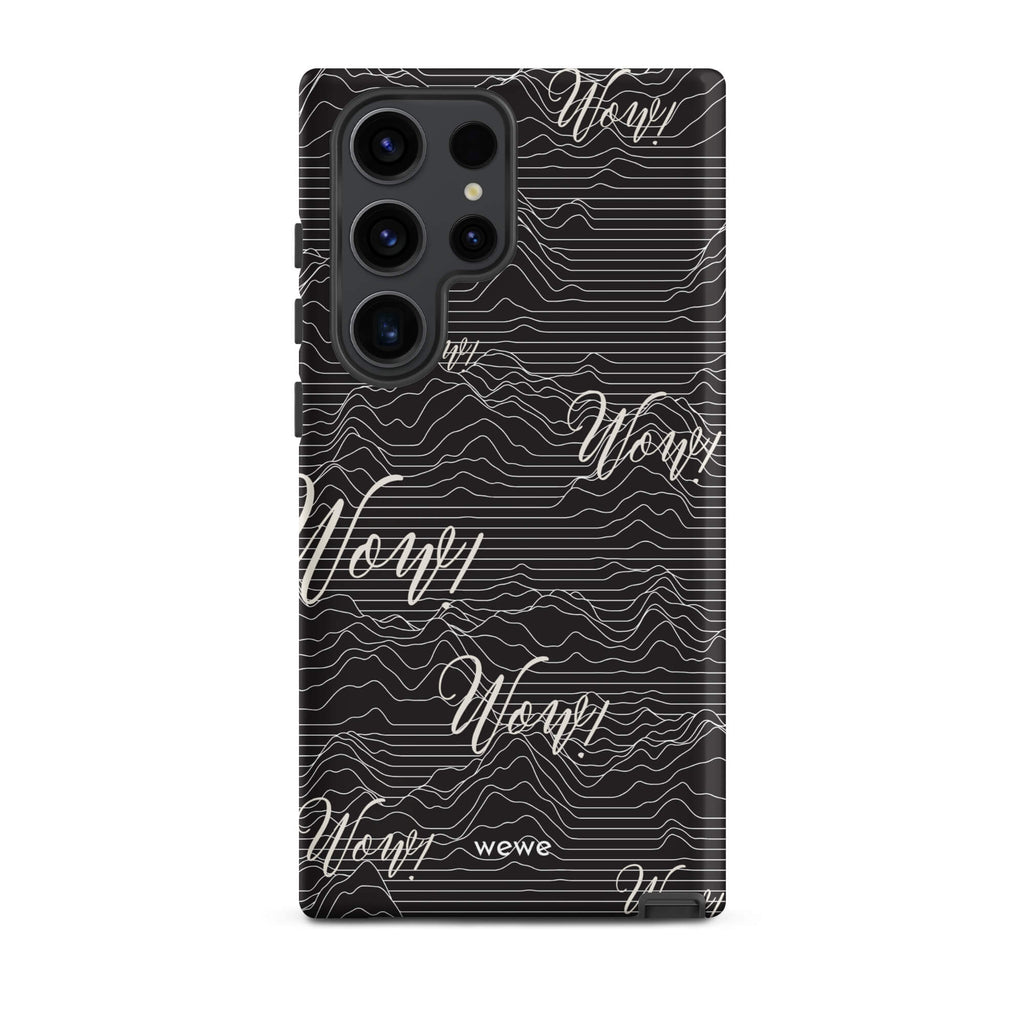 Custom samsunng galaxy s23 ultra  Phone case with a black background, a wave pattern, and "Wow!" text repeated in a handwritten font.