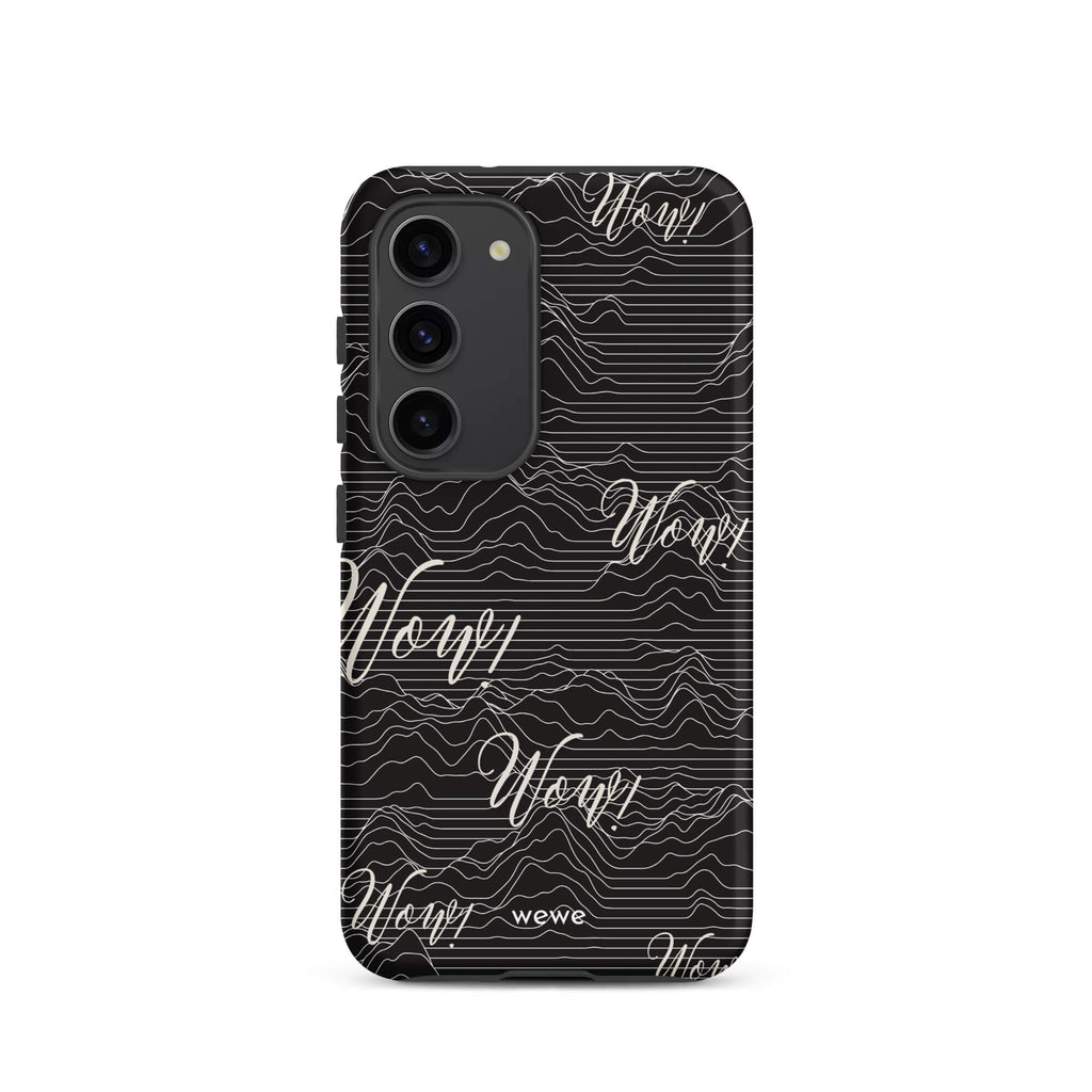 Custom samsunng galaxy s23 Phone case with a black background, a wave pattern, and "Wow!" text repeated in a handwritten font.